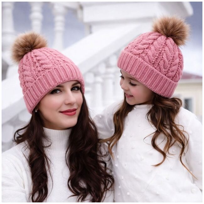 Set roz pudra caciulita pentru mama si bebe adoctsc48-1-sa6