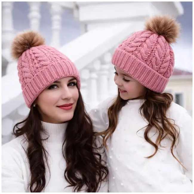Set roz pudra caciulita pentru mama si bebe adoctsc48-1-sa6