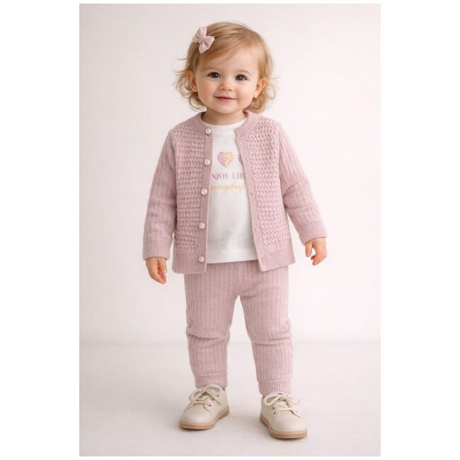 Set roz pudra tricotat 3 piese, cardigan + bluza + pantaloni trpb0008