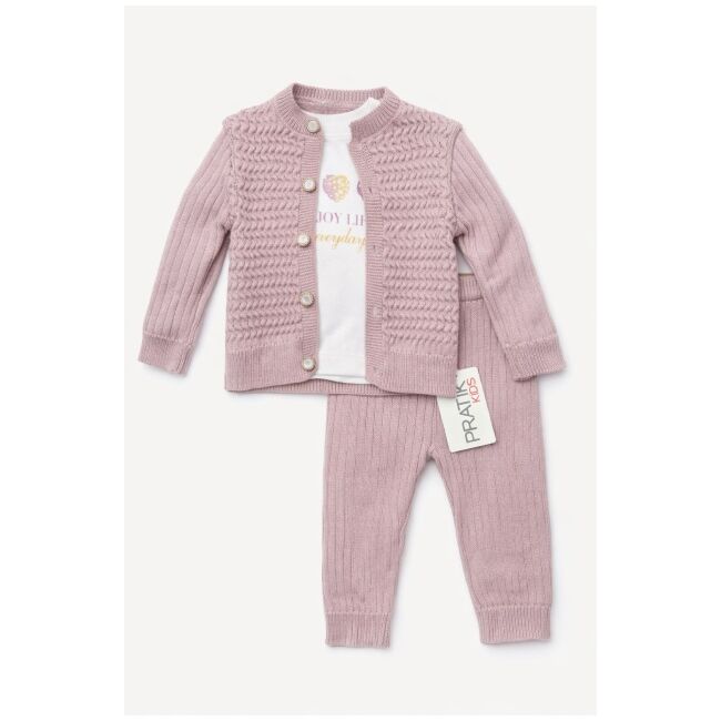 Set roz pudra tricotat 3 piese, cardigan + bluza + pantaloni trpb0008