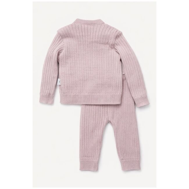 Set roz pudra tricotat 3 piese, cardigan + bluza + pantaloni trpb0008