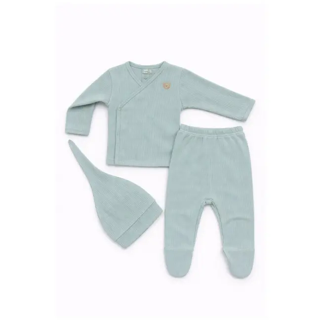 Set verde pentru bebelusi din bumbac cu bluza petrecuta, pantaloni si caciulita, roz tram0020