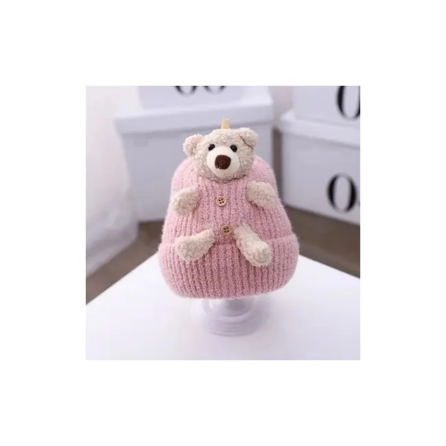 Caciula bebelusi roz tricotata cu ursulet decorativ, caciulita calduroasa si moale pentru fetite adoctsc07-2-sa4