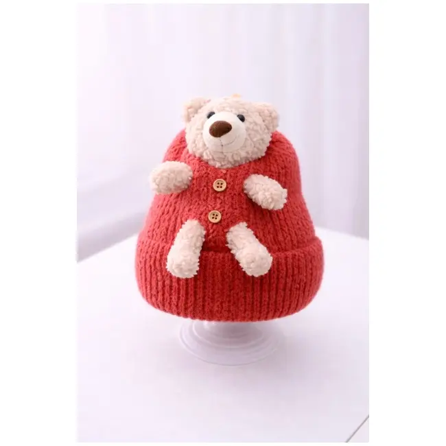 Caciulita bebelusi caramizie tricotata cu ursulet aplicat, caciula calduroasa si moale adoctsc07-5-sa4