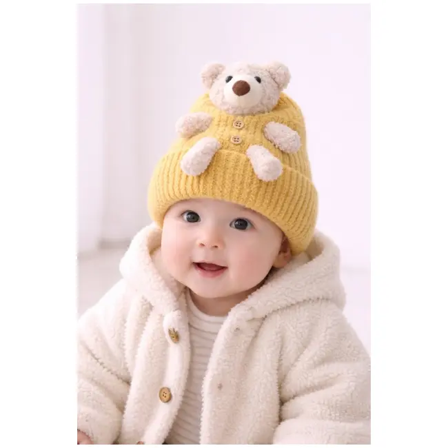 Caciulita bebelusi galben mustar tricotata cu ursulet 3d, caciula groasa si confortabila adoctsc07-3-sa4