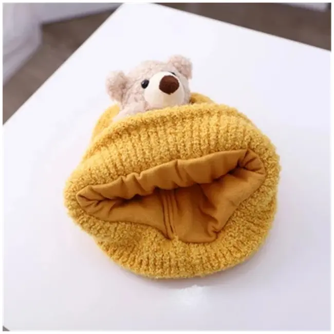 Caciulita bebelusi galben mustar tricotata cu ursulet 3d, caciula groasa si confortabila adoctsc07-3-sa4