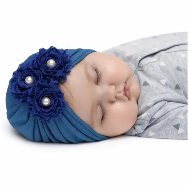 Caciulita bebelusi tip turban albastra cu floricele si perlute, moale si elastica, look premium fetite mbx-19068-1-ct6