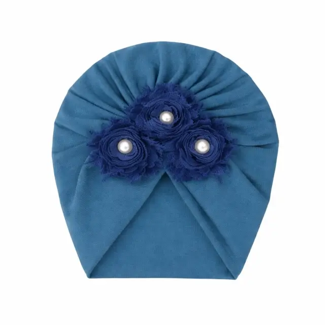 Caciulita bebelusi tip turban albastra cu floricele si perlute, moale si elastica, look premium fetite mbx-19068-1-ct6