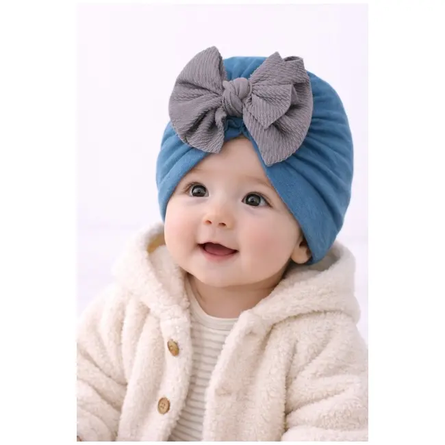 Caciulita bebelusi tip turban albastru petrol cu funda gri, material elastic si confortabil pentru fetite mbx-21008-5-ct3