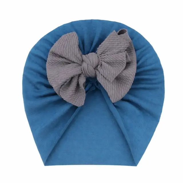 Caciulita bebelusi tip turban albastru petrol cu funda gri, material elastic si confortabil pentru fetite mbx-21008-5-ct3