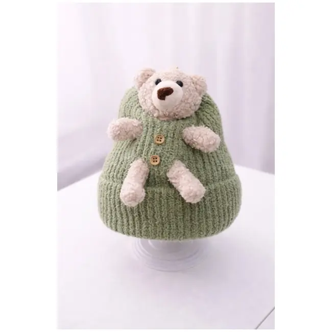 Caciulita bebelusi tricotata verde cu ursulet aplicat, caciula calduroasa si moale adoctsc07-1-sa4