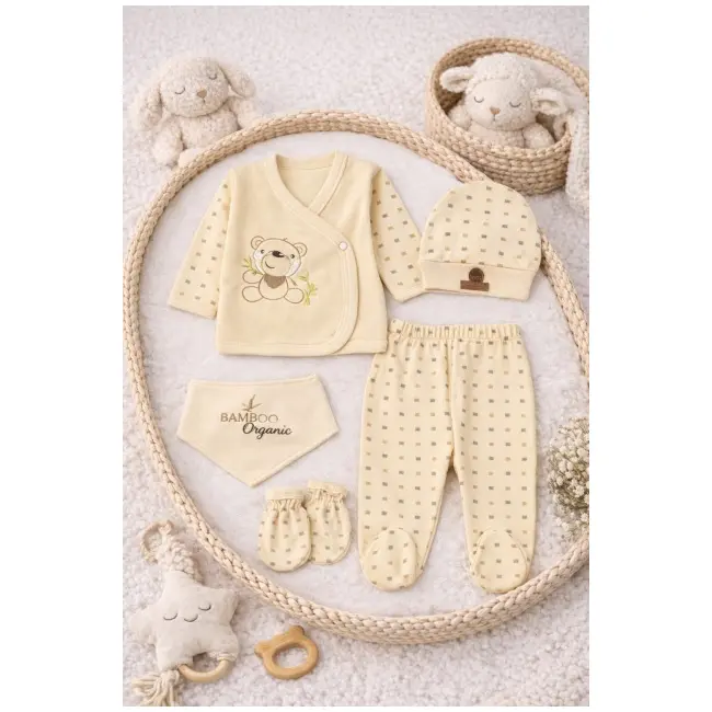 Costumas bebelus 5 piese din bumbac organic cu broderie ursulet, set complet nou nascut trpb0088