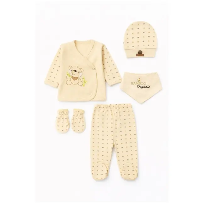 Costumas bebelus 5 piese din bumbac organic cu broderie ursulet, set complet nou nascut trpb0088