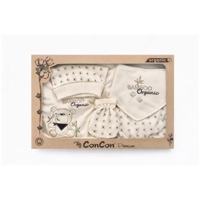 Costumas bebelus 5 piese din bumbac organic cu broderie ursulet, set complet nou nascut trpb0088