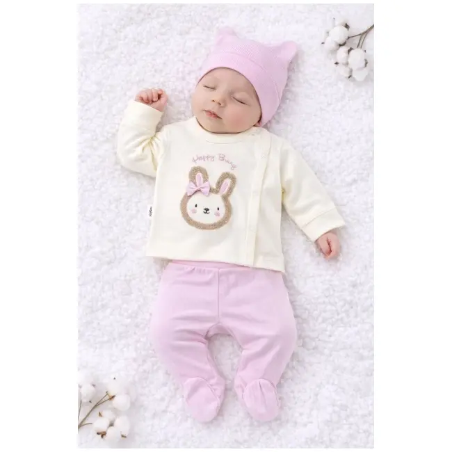 Costumas bebelusi 3 piese crem-roz, bumbac premium, model iepuras trpb0042-cp1