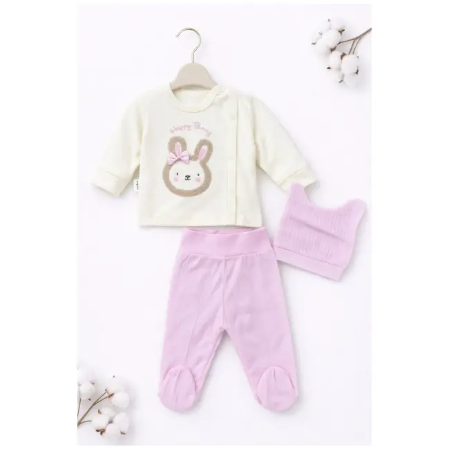 Costumas bebelusi 3 piese crem-roz, bumbac premium, model iepuras trpb0042-cp1