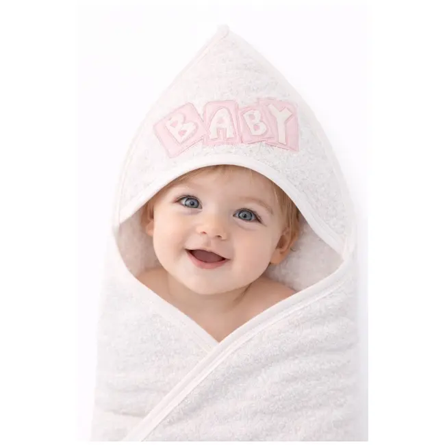 Prosop bebelusi alb cu gluga si aplicatie baby roz, bumbac moale, potrivit pentru baie trpb0071