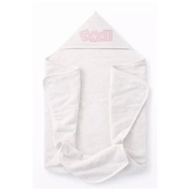 Prosop bebelusi alb cu gluga si aplicatie baby roz, bumbac moale, potrivit pentru baie trpb0071