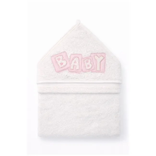 Prosop bebelusi alb cu gluga si aplicatie baby roz, bumbac moale, potrivit pentru baie trpb0071