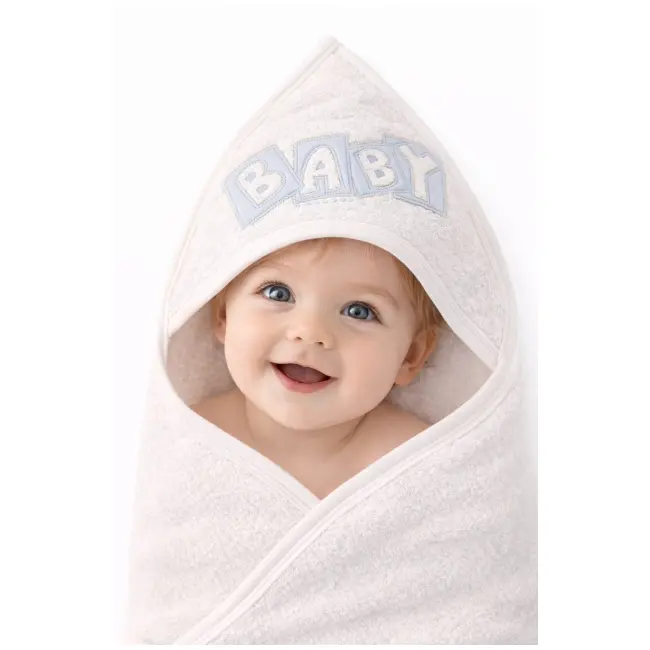 Prosop bebelusi alb cu gluga si broderie baby, bumbac absorbant, ideal pentru nou nascut trpb0070