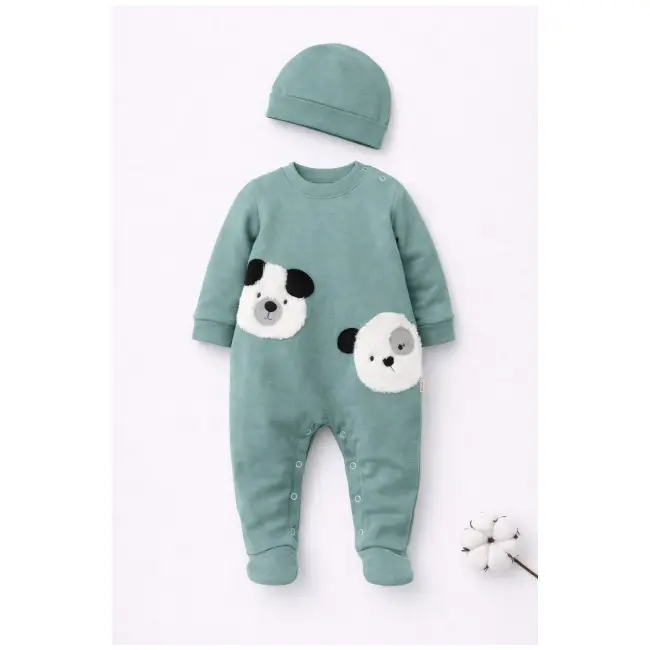 Salopeta bebelusi cu botosei, verde, bumbac, model catei, cu caciulita tram0031