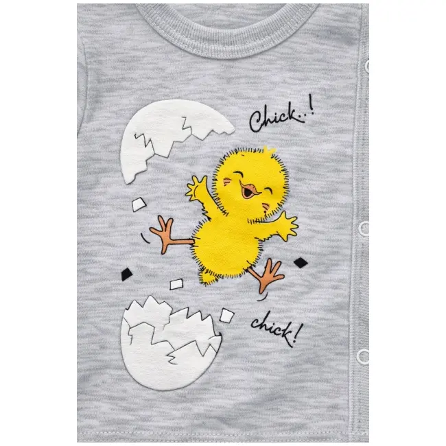 Set bebelus 3 piese bumbac cu imprimeu pui, pantaloni cu botosei si caciulita trpb0079-cp1