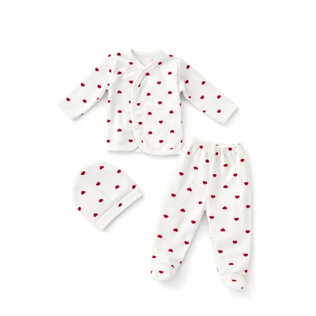 Set bebelus 3 piese bumbac reiat cu inimioare, bluza petrecuta si pantalonasi trpb0080-cp1