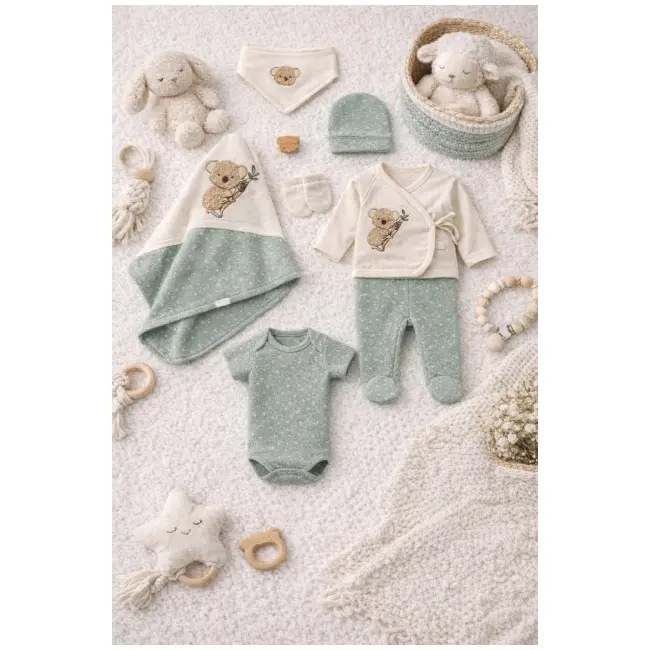 Set bebelus 7 piese bumbac organic cu broderie ursulet, complet pentru nou nascut trpb0085