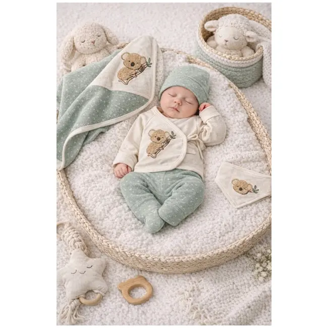 Set bebelus 7 piese bumbac organic cu broderie ursulet, complet pentru nou nascut trpb0085