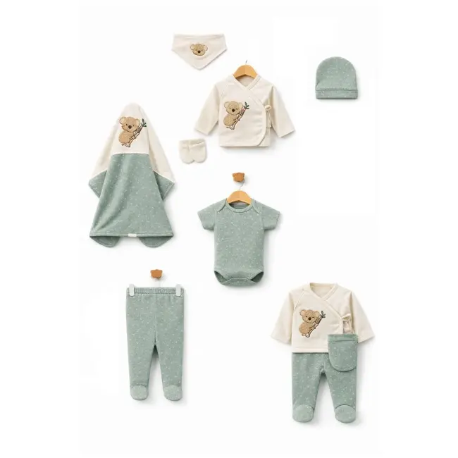 Set bebelus 7 piese bumbac organic cu broderie ursulet, complet pentru nou nascut trpb0085