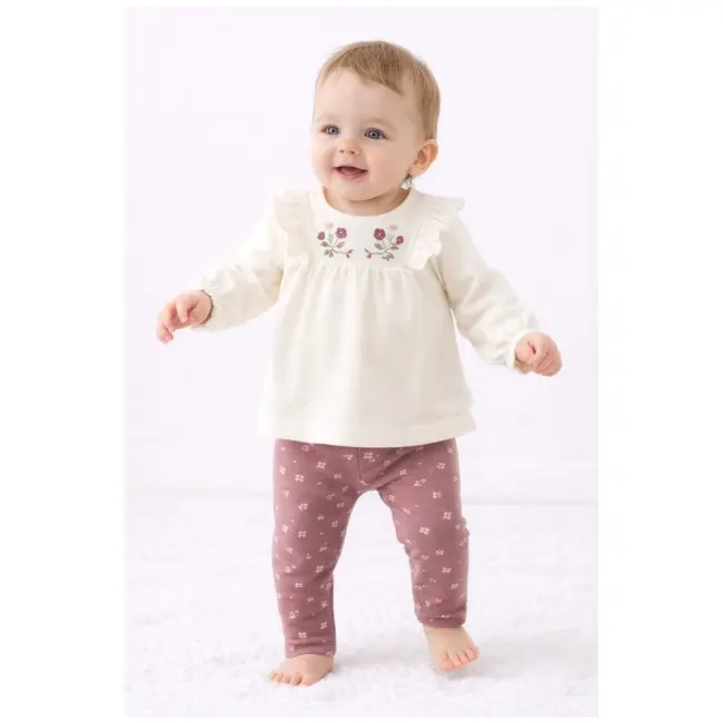 Set fetite 3 piese bluza alba cu broderie florala, colanti inflorati si bentita trpb0038