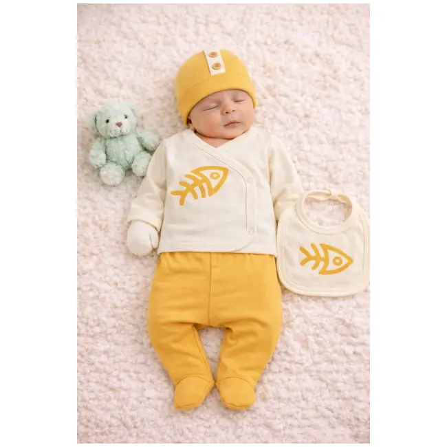 Set serde baby cu imprimeu pești &ndash; 5 piese din bumbac, galben bs2057