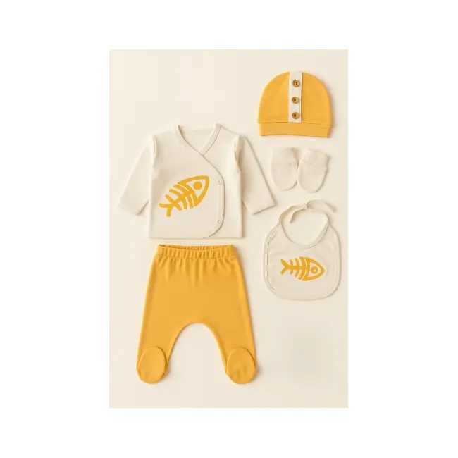Set serde baby cu imprimeu pești &ndash; 5 piese din bumbac, galben bs2057