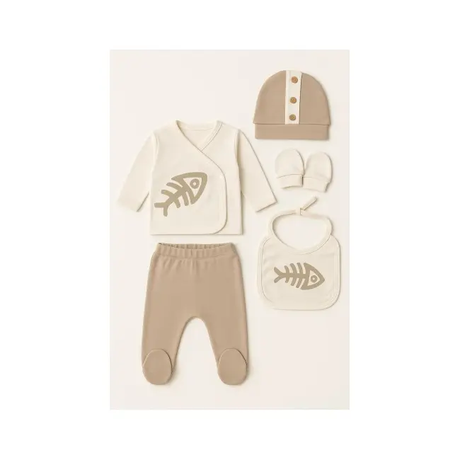 Set serde baby cu imprimeu pești &ndash; 5 piese din bumbac, maro bk2057