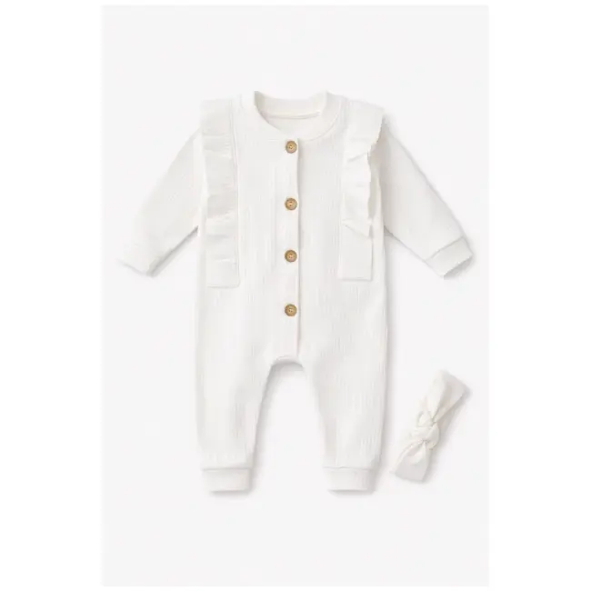 Salopeta bebe bumbac rib alba cu nasturi si bentita set elegant tram0038
