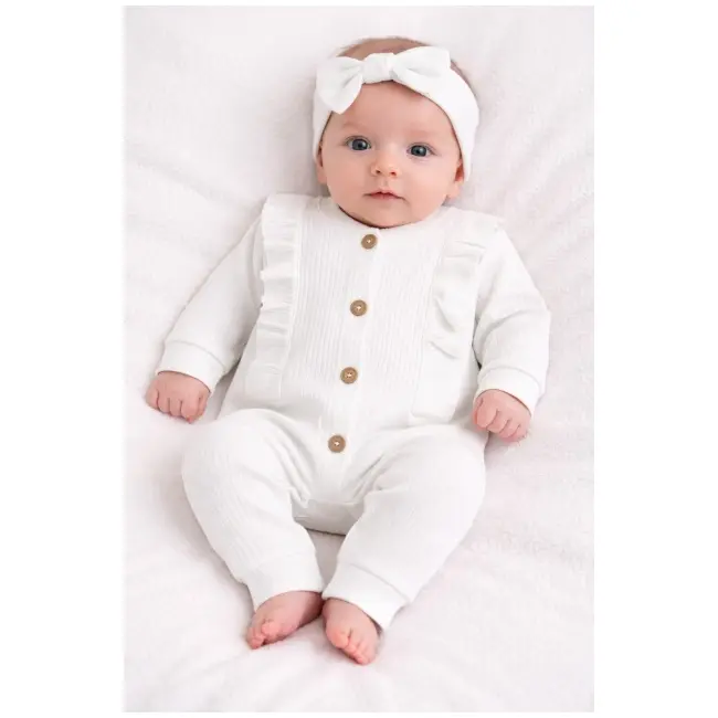 Salopeta bebe bumbac rib alba cu nasturi si bentita set elegant tram0038