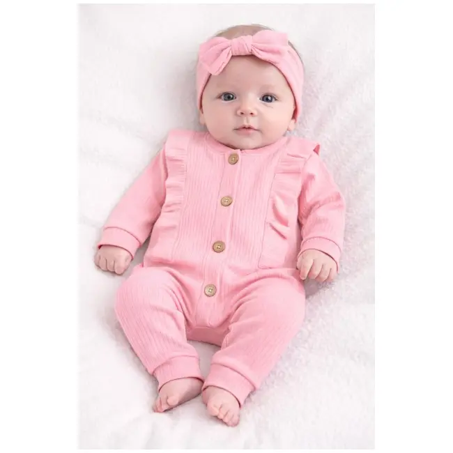 Salopeta bebe fetite bumbac rib cu volanase si bentita set roz tram0037