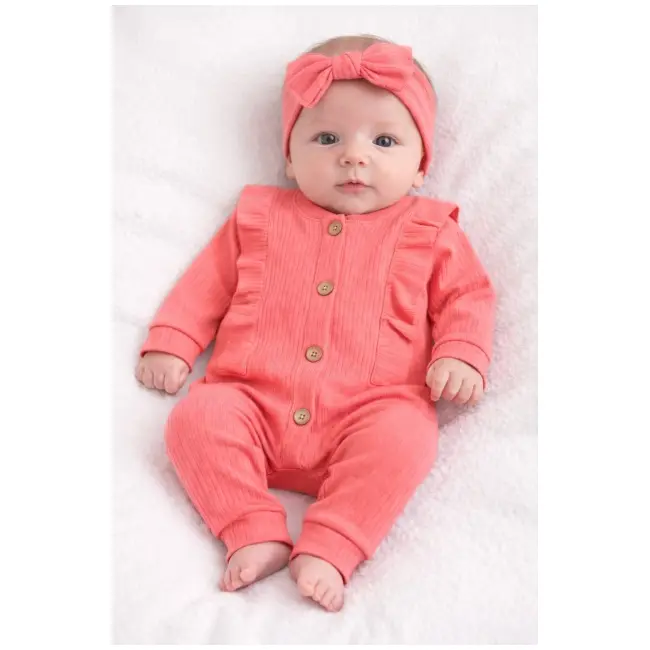 Salopeta bebe fetite bumbac rib roz coral cu nasturi si bentita set tram0039