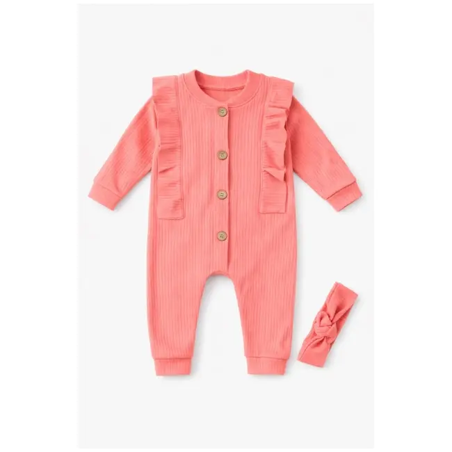 Salopeta bebe fetite bumbac rib roz coral cu nasturi si bentita set tram0039