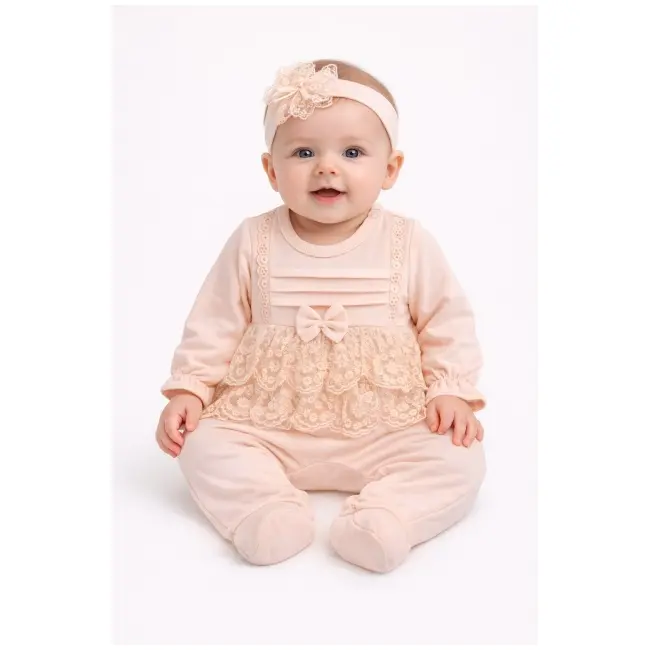 Salopeta fetita roz eleganta bumbac cu dantela si bentita set premium trpb0124