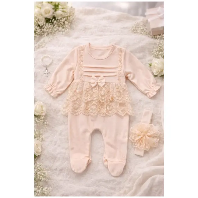 Salopeta fetita roz eleganta bumbac cu dantela si bentita set premium trpb0124