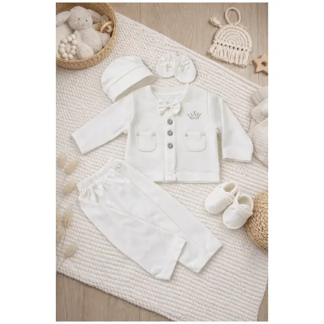 Set botez bebelus 6 piese alb elegant bumbac vesta pantaloni caciula botosei trpb0119