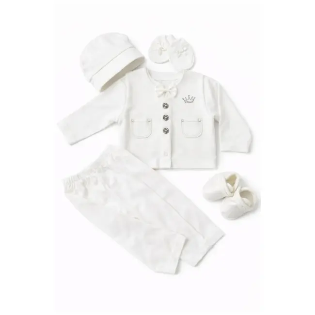 Set botez bebelus 6 piese alb elegant bumbac vesta pantaloni caciula botosei trpb0119