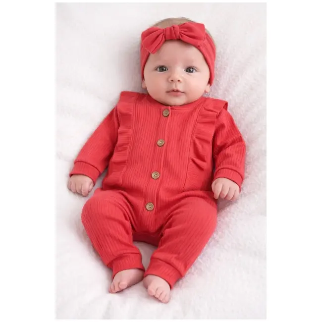 Set corai salopeta bebe bumbac rib cu nasturi si bentita  tram0036