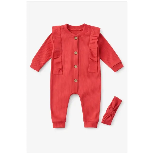 Set corai salopeta bebe bumbac rib cu nasturi si bentita  tram0036