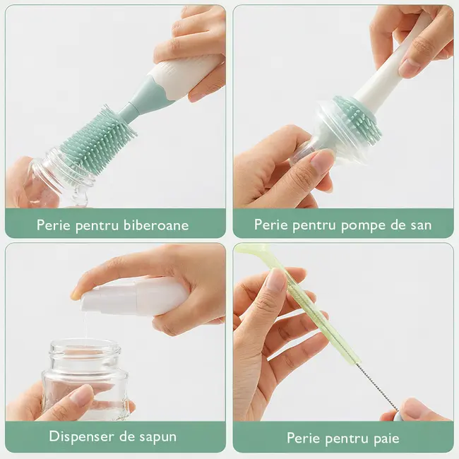 Set curatare biberoane Momcozy cu spuma 360 Push-Press Green