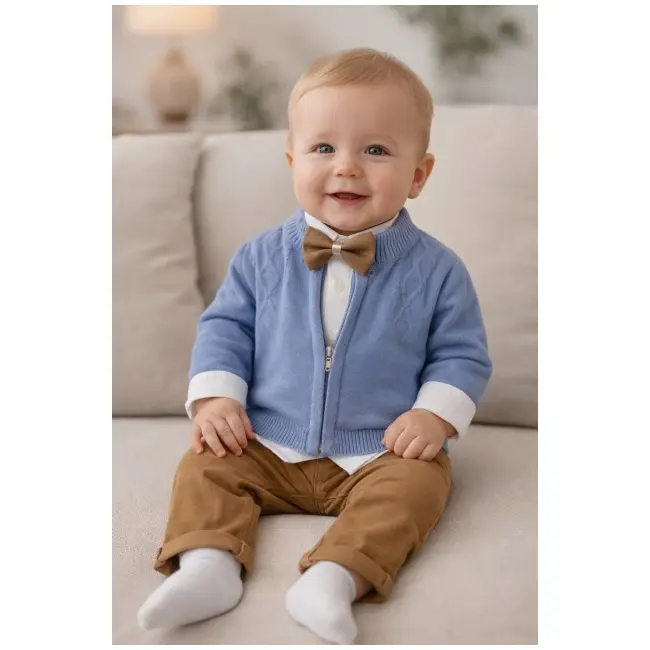 Costum elegant bebe baiat 4 piese albastru sacou camasa pantaloni si papion botez trpb0180