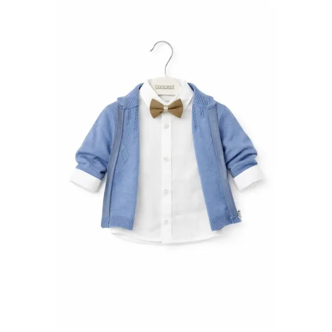 Costum elegant bebe baiat 4 piese albastru sacou camasa pantaloni si papion botez trpb0180
