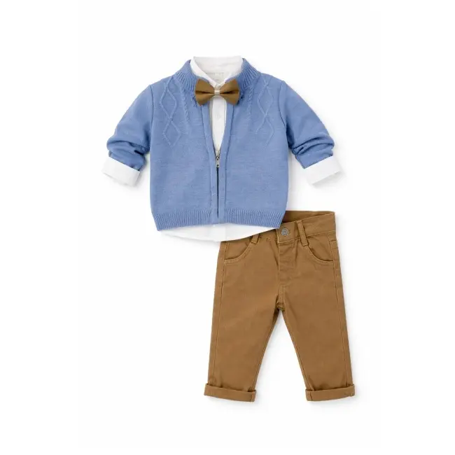 Costum elegant bebe baiat 4 piese albastru sacou camasa pantaloni si papion botez trpb0180