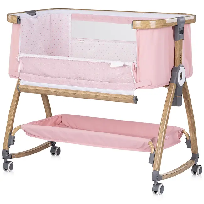 Patut co-sleeper Chipolino Charisma cu laterala culisanta powder pink wood HUBKOSCA0265PP